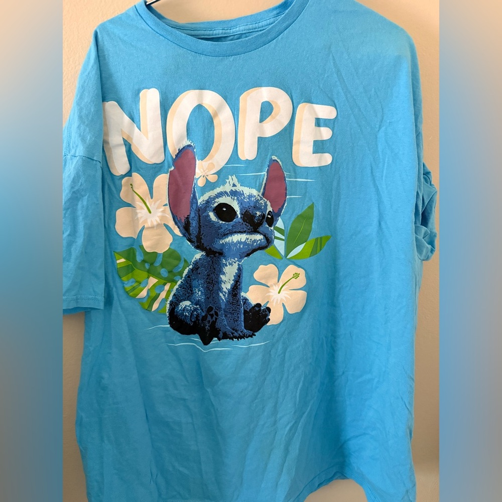 Disney Blue Stitch 'NOPE' Graphic Tee with Tropical Print
